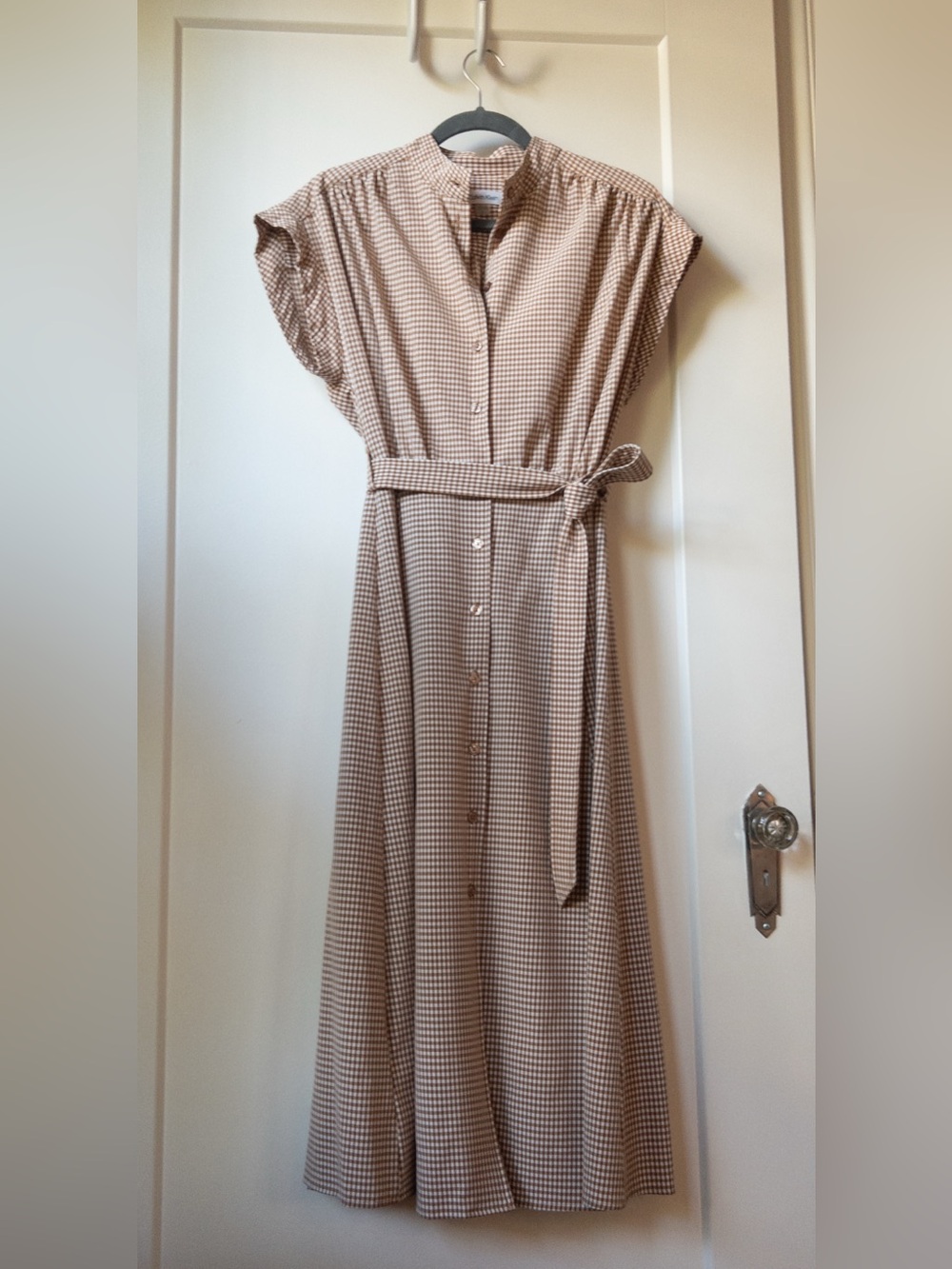 Calvin Klein Beige Gingham Maxi Shirt Dress with Tie Waist